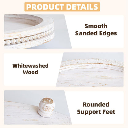 2 Piece Whitewashed Wooden Serving Tray Set with Beaded Design, Farmhouse Centerpiece Table Decorations, round Coffee Table Tray for Living Room Home Decor, Ottoman Tray Decor for Rustic Styles6