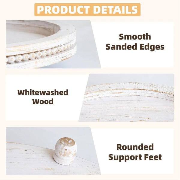 2 Piece Whitewashed Wooden Serving Tray Set with Beaded Design, Farmhouse Centerpiece Table Decorations, round Coffee Table Tray for Living Room Home Decor, Ottoman Tray Decor for Rustic Styles6