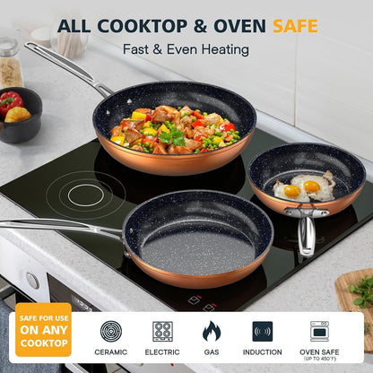 3-Piece 8”, 10”, 12” Forged Lightweight Frying Pan Set, Cozy Blue | G10 Healthy Duralon Blue Ceramic Ultra Non-Stick, Ergonomic Stay-Cool Handles, Induction-Ready & Works on All Cooktops5