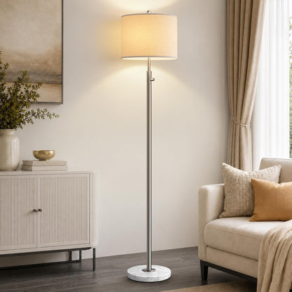 【Upgraded】 Dimmable Floor Lamp for Living Room, 11W LED Bulb Included, Modern Standing Lamp with Marble Base, Tall Pole Light with Linen Shade for Bedroom Reading Office Corner Nursery-Brushed Nickel1