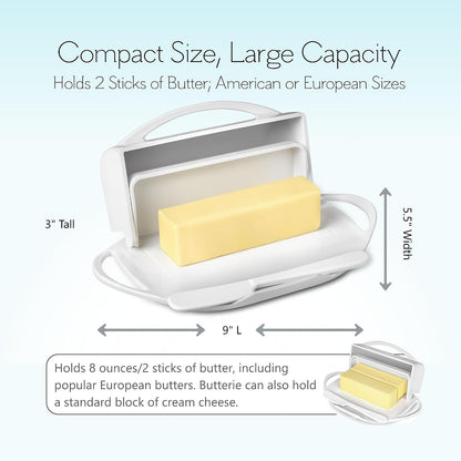 Flip Top Butter Dish with Attached Lid & Matching Knife - Holds 2 Sticks, Fits Kerrygold/European Butter - BPA Free & Dishwasher Safe - White5
