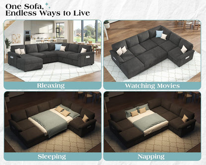 105" Sofa Bed, Sectional Sleeper Sofa with Pull Out Bed/Reclining Backrest, Sleeper Couch Bed with Storage, 6 Seater Couch Bed for Living Room, Chenille Dark Gray3