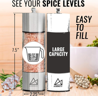 Salt and Pepper Grinder Set Manual 2 Pack | Large round Salt and Pepper Shakers Set | 7.5 Inch Stainless Steel Salt Grinder Refillable | Manual Pepper Grinder (Stainless Steel)3