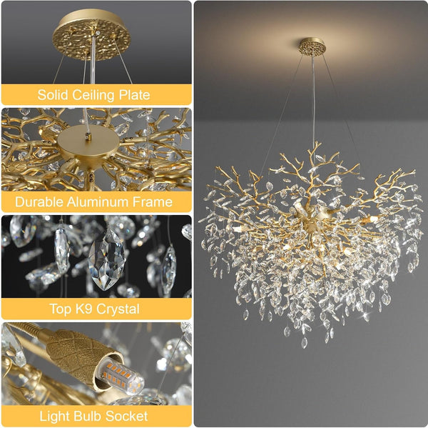 40" Gold Tree Branch Chandelier, 12-Light Modern Crystal Chandelier for Dining Room, Luxury round K9 Crystal Raindrop Chandeliers Light Fixture for Foyer, Entryway, Living Room, Bedroom, Kitchen8