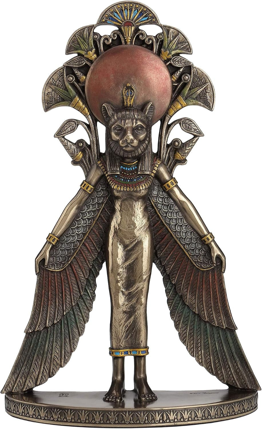 sekhmet-winged-egyptian-warrior-goddess-wall-art-statue-cold-cast-bronze-resin-blue-and-red-accents-lion-head-keyhole-hanger-for-wall-display