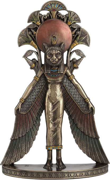 Sekhmet Winged Egyptian Warrior Goddess Wall Art Statue | Cold Cast Bronze Resin, Blue and Red Accents, Lion Head, Keyhole Hanger for Wall Display1