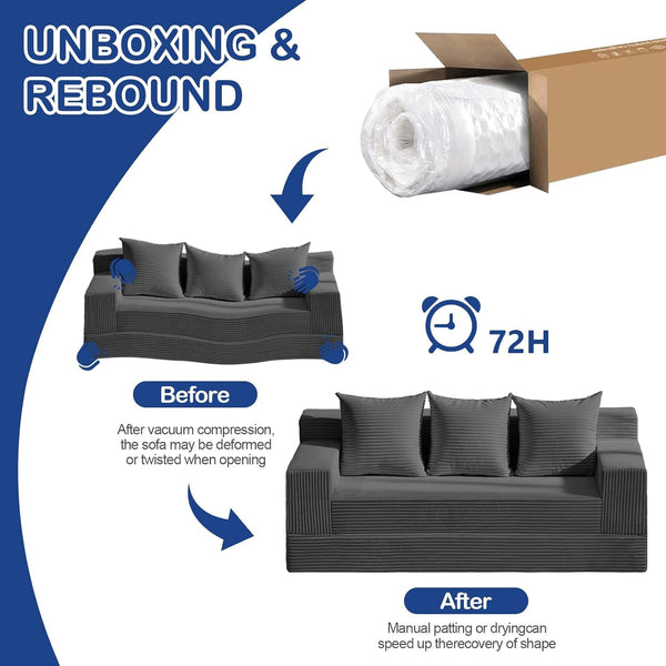 2 in 1 Convertible Boneless Couch Bed, Corduroy Futon Sofa Bed, Compression Folding Floor Couch Sofas Bed with 3 Pillows for Bedroom, Small Space Guest and Living Room Sofa (Grey, 78 Inches)7