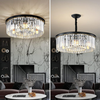 Black Modern Crystal Chandelier, 2-Tier round Flush Mount Ceiling Light Fixtures Height Adjustable Pendant Lighting for Dining Room Living Room Bedroom Kitchen Hotel Foyer2