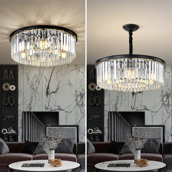 Black Modern Crystal Chandelier, 2-Tier round Flush Mount Ceiling Light Fixtures Height Adjustable Pendant Lighting for Dining Room Living Room Bedroom Kitchen Hotel Foyer2