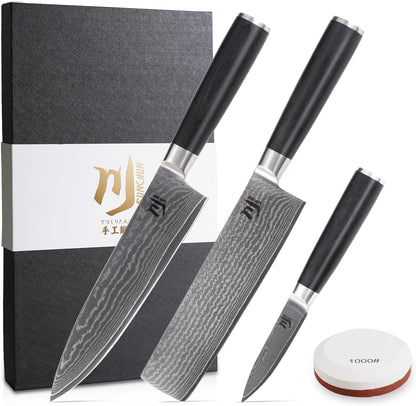 3-Piece VG-10 Damascus Kitchen Knife Set with Double-Sided Sharpening Stone – Nakiri, Chef & Paring Knives, 67-Layer Tsunami Wave Pattern, Black Pakka Wood Handles, 60±2 HRC (3-Piece-Set)1