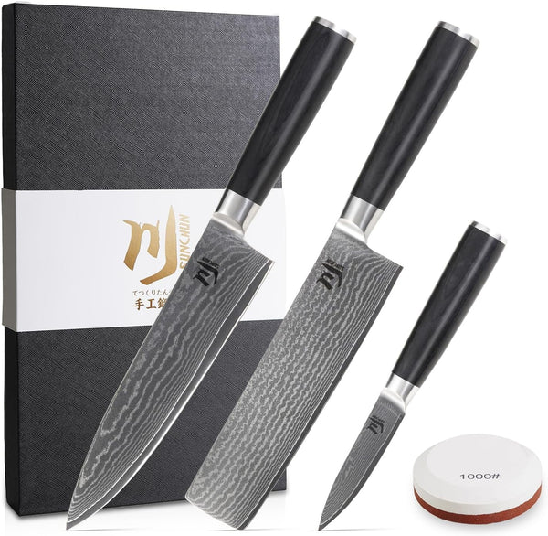 3-Piece VG-10 Damascus Kitchen Knife Set with Double-Sided Sharpening Stone – Nakiri, Chef & Paring Knives, 67-Layer Tsunami Wave Pattern, Black Pakka Wood Handles, 60±2 HRC (3-Piece-Set)1