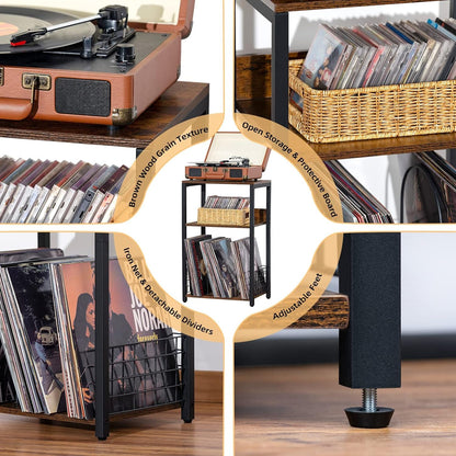 3 Tier End Table,Record Player Stand with Storage up to 100 Albums,Turntable Stand for Vinyl,Brown Records Shelf for Living Room Bedroom4