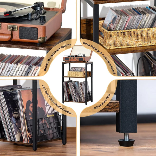 3 Tier End Table,Record Player Stand with Storage up to 100 Albums,Turntable Stand for Vinyl,Brown Records Shelf for Living Room Bedroom4