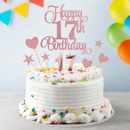 17Th Birthday Cake Decorations, 17Th Birthday Candles Cake Numeral Candles and Glitter Happy 17Th Birthday Cake Toppers Set for Birthday Party Supplies (Rose Gold)5