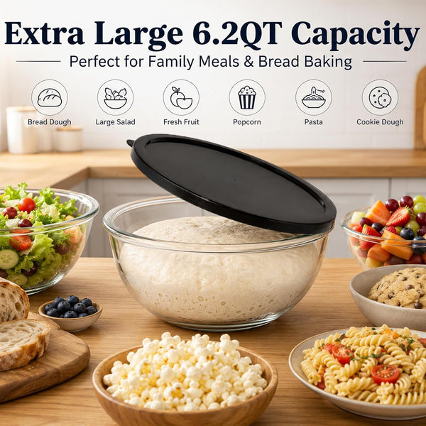 6.2QT Glass Sourdough Proofing Bowl with Lid, Large Mixing Bowl for Bread Dough Fermentation, Clear Borosilicate Glass Bowl for Baking, Salad, Meal Prep & Food Storage2