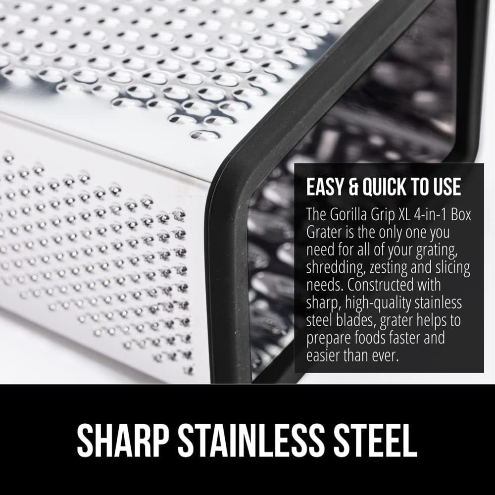 gorilla-grip®-xl-4-sided-stainless-steel-cheese-grater-with-measurement-container-bpa-free-box-grater-slip-resistant-base-grate-hard-parmesan-shred-veggies-zest-citrus-dishwasher-safe-black