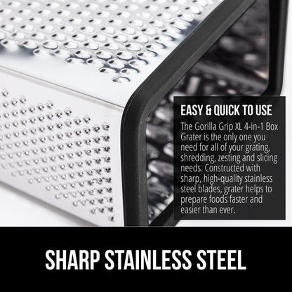 GORILLA GRIP® XL 4-Sided Stainless Steel Cheese Grater with Measurement Container, Bpa-Free Box Grater, Slip Resistant Base, Grate Hard Parmesan, Shred Veggies, Zest Citrus, Dishwasher Safe, Black4
