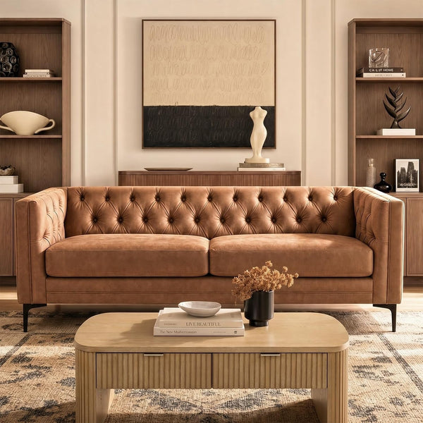 84" Faux Leather Sofa, Mid Century Modern 3 Seater Couch, Camel1