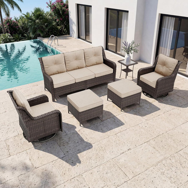 Outdoor Patio Furniture Set,6 Pieces 7 Seats Outdoor Sectional Furniture All Weather Thick PE Rattan Wicker Patio Conversation Set with Ottoman,Swivel Rocking Chairs Set,Sand1