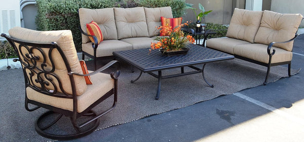 Santa Anita Cast Aluminum Powder Coated 5-Piece Seating Set with Premium Linen Sesame Cushions - Antique Bronze1
