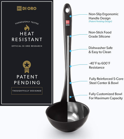 DI ORO Silicone Ladle - Soup & Serving, 600F Heat Resistant, Black2
