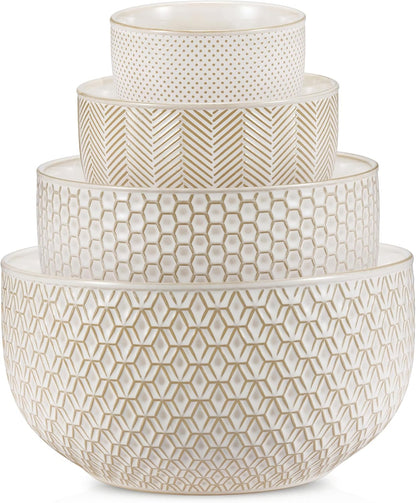 Ceramic Mixing Bowls, Nesting Set of 4, Embossed Kitchen Dishware, Prep, Serving, Gift, Microwave and Dishwasher Safe, 20/44/98/145 Oz, Narbonne Collection (Ivory)1