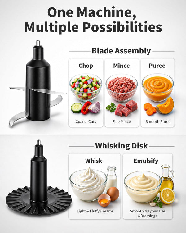 Electric Food Processor, 4 Cup Food Chopper with 3 Speed Settings (Pulse + Hands-Free 1&2), 400W Powerful Motor, 4 Bi-Level Blades and Whisk Attachment, Bpa-Free, Stainless Steel4