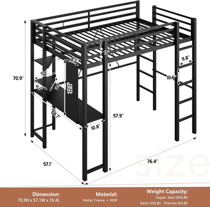 Loft Bed Full Size with Desk and Storage Shelves, Frame with 2 Side Ladders for Kids, Teens Adults, Spcace-Saving Noise-Free and Anti-Tilt Design, Black2