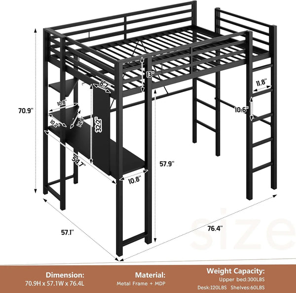 Loft Bed Full Size with Desk and Storage Shelves, Frame with 2 Side Ladders for Kids, Teens Adults, Spcace-Saving Noise-Free and Anti-Tilt Design, Black2