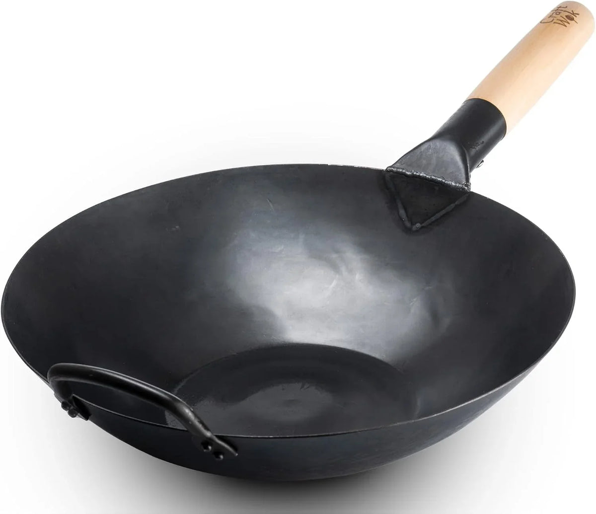 black13-flat-pre-seasoned-hammered-carbon-steel-wok-with-wooden-and-steel-helper-handle-13-inch-flat-bottom