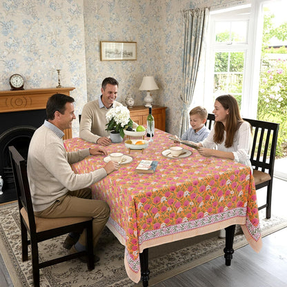 '-Bubblegum Pink Cotton Tablecloth, Handblock Print Floral Table Cloth for Kitchen Dining Linen I Thanksgiving, Christmas, Wedding, Fall Décor 4 Seater 60X60 Inches Square3