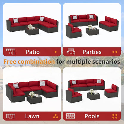 7-Piece Outdoor Patio Furniture Black Rattan Wicker Sectional Sofa Conversation Set with Glass Top Table and Cushions (Red)5