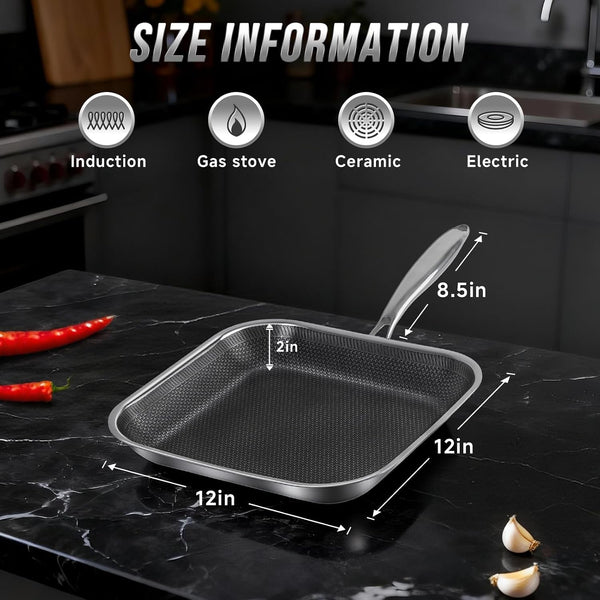 Non Stick Stainless Steel Skillet,12 Inch Square Frying Pan, Nonstick Grill Pan for All Stoves, Oven Dishwasher Safe, PFOA Free5
