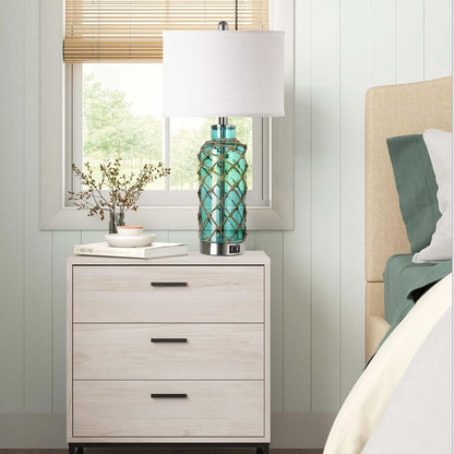 Cottage Nautical Accent Table Lamp Set of 2, Touch Control Coastal Blue Green Glass Rope Net Bedside Lamp with 2 USB Ports, 3-Way Dimmable Nightstand Lamps with White Shade for Living Room, Bedroom2