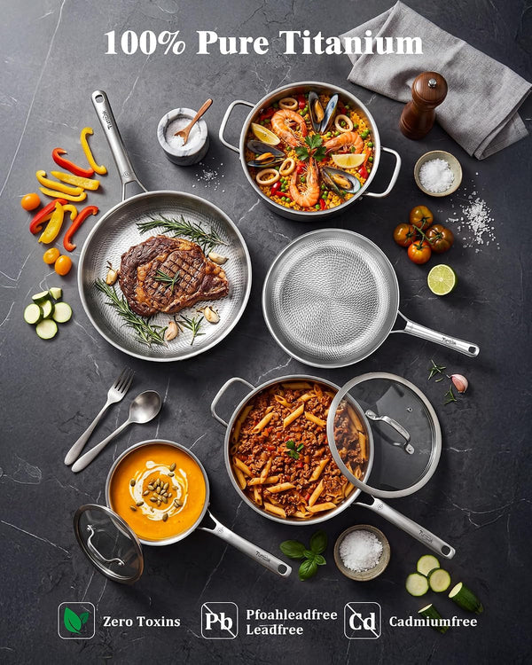 Titanium Cookware Set, 8 Piece Pots and Pans Set with Lid, Hammered Non-Stick Frying Pans, Pfas/Pfoa/Ptfe-Free, Dishwasher & Oven Safe, Compatible with Gas & Induction Cooktops8