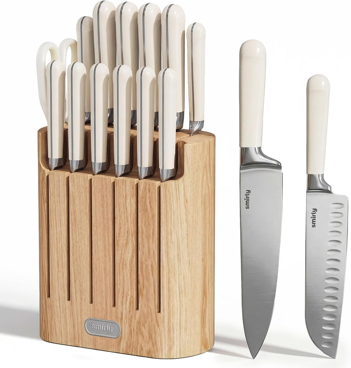 14-Piece Kitchen Knife Set with Block, Razor-Sharp, Cream White | High Carbon Stainless Steel Blades, Dishwasher Safe, with a Magnetic Block for Slicing, Chopping and Everyday Meal Prep