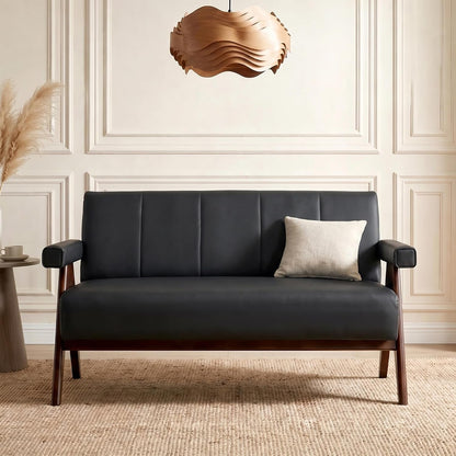 50" Small Black Faux Leather Sofa Couch, Wooden Office Loveseat9