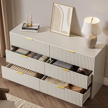 6 Drawer Dresser for Bedroom, 55" Wide Modern Chest of Drawers with Gold Metal Handles, Fluted Wood TV Stand for Living Room, Hallway(Beige)5