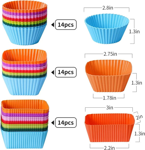 Silicone Bento Lunch Box Dividers 3 Shapes of Standard round & Square & Rectangle - Reusable Silicone Cupcake Liners Non-Stick Muffin Cups for Baking3