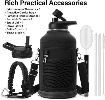 Insulated Water Bottle W/Straw Lid & Portable Carrier Bag, 64Oz2