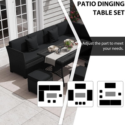 7 Piece Patio Furniture Set, Outdoor PE Wicker Rattan Outdoor Dining Set, Patio Table and Chairs Set, Patio Conversation Sofa Set with Dining Table and Ottoman(Black-Black)5
