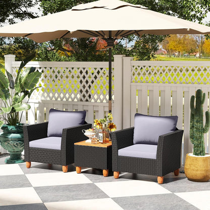 3 Pieces Patio Porch Furniture Set, PE Rattan Wicker Chair Conversation Set with Cushions and Storage Table, Outdoor Acacia Wood Bistro Set for Garden, Poolside (Grey)4