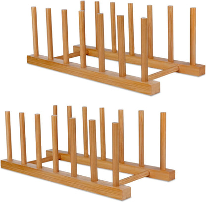 Bamboo Wooden Dish Racks Plate Stand Holder Vertical Drainer Kitchen Cabinet Organizer for Dish, Pots, Lids, Bowls, Cups, and Cutting Boards and Books(2 Packs)1