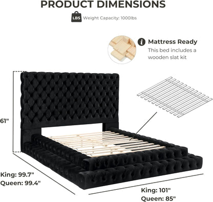 Sable Fabric Upholstered Step up King-Size Platform Bed with Oversized Headboard, Deep Button Tufting, No Box Spring Required for Bedroom, Guest Room, Black3