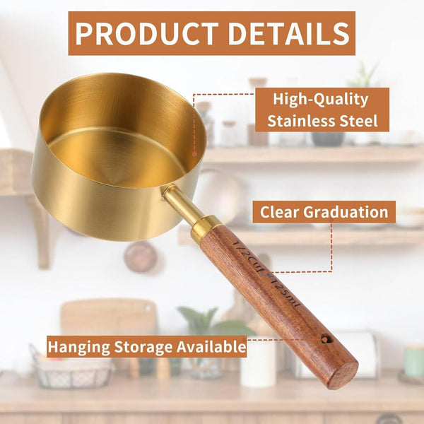 Gold Measuring Cups and Spoons Set Stainless Steel Wood Handle US Metric5