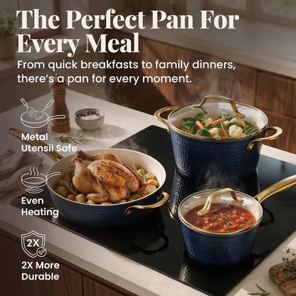Hammered 10 Pc Pots and Pans Set Non Stick Ceramic Cookware | Heavy Duty 3.0MM Gauge, Non Toxic PFOA/PTFE/PFOS Free Ceramic & Titanium, Induction Compatible, Oven & Dishwasher Safe8