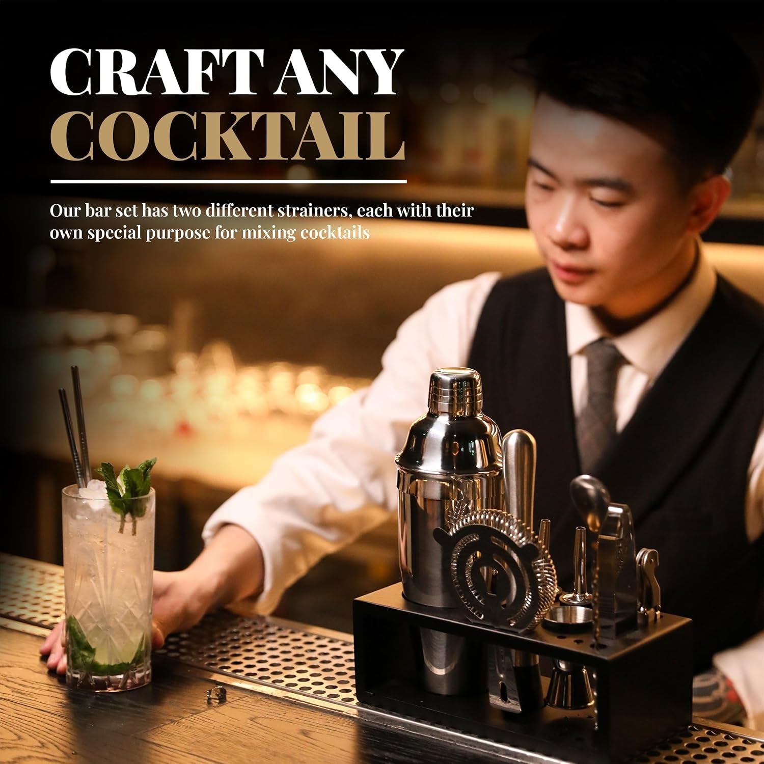 mixology-bartender-kit-with-stand-15-piece-bar-tool-set-silver-bar-set-cocktail-shaker-set-for-drink-mixing-includes-martini-shaker-jigger-strainer-bar-mixer-spoon-tongs-opener-gift-idea