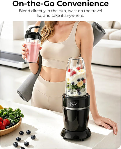 1000W Personal Smoothie Blender, Protein Shakes, Home & Gym, Black | 37/32/22 Oz Bpa-Free To-Go Cups with 6-Leaf Blade, Frozen Fruit, Ice Crushing, Baby Food, Sauces, Dips, Coffee, Nuts, Spices6