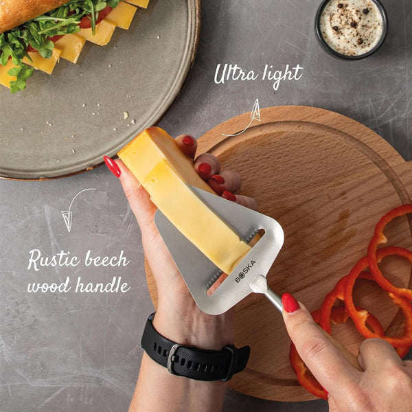 Boska Cheese Slicer Amigo - Slicer for Mature and Aged Cheese - Ergonomic Handle - Stainless Steel - Beech Wood - Non-Stick Thanks to BSF Treatment - Also for Slicing Vegetables6