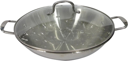 14-Inch Stainless Steel Wok with Glass Lid – Aluminum Core Tri-Ply Construction, Brushed Interior & Polished Exterior, Dual Handles Stir Fry Pan for Gas & Electric Stovetops1